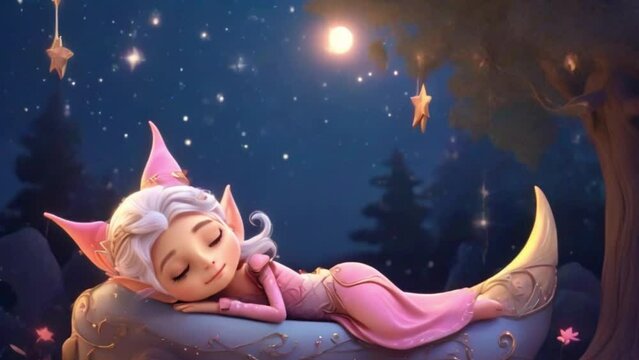 Lady Queen lullaby cartoon sleeping on moon, looped video background