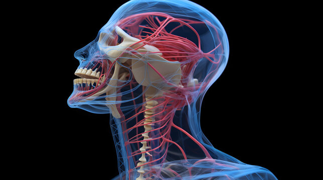A 3D image visualization of a human head and neck showing the anatomy beneath the skin