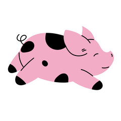 Vector cute funny spotted pig. A cartoon pig character in a flat style. A pet highlighted on a white background. A smile on her face, a black and pink pig lies and laughs