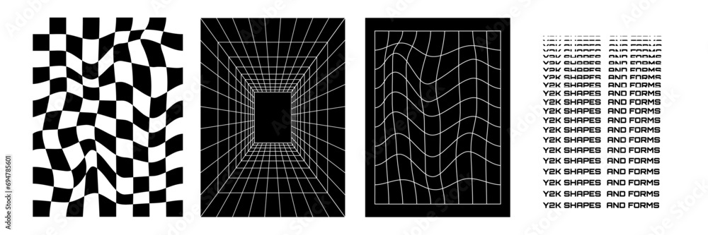 Poster set of abstract posters in psychedelic style. rave. wireframe shapes. retro y2k elements and figures
