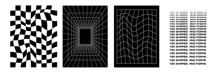 Set of abstract posters in psychedelic style. Rave. wireframe shapes. Retro y2k elements and figures. Vector stock illustration. Black background. Isolated. Futuristic. Cyberpunk pattern. Brutalism