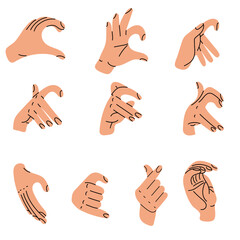 A set of hand halves of hearts. One hand shows the heart with its fingers. The connection of hearts, different types of how you can show the heart with your hands. Isolated on a white background