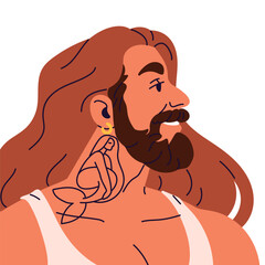 Brutal man with long hair smile portrait side view. Mature male user profile with happy facial expression. Bearded guy avatar with joyful face. Flat isolated vector illustration on white background