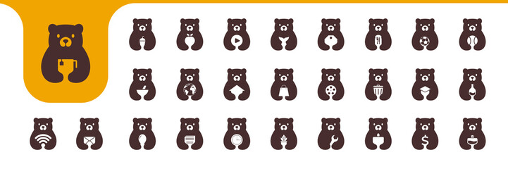 bear flat mascot minimal icon collection set logo design vector - obrazy, fototapety, plakaty