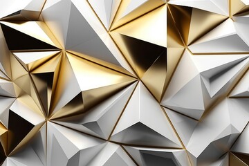 abstract golden and white triangles 3d render illustration background. Elegant modern and creative golden, black and white color with golden lines and polygon geometric pattern shape 3d, Generative AI