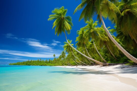 A tropical beach scene with palm trees and turquoise waters under a clear blue sky, Generative AI