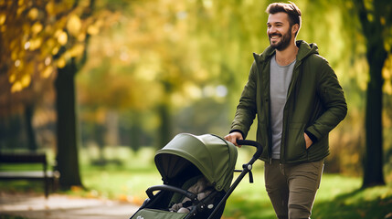 Adult man or father with stroller or perambulator in the city park with green grass on a sunny autumn day. Young dad parent walking and pushing baby carriage or pushchair with teddy bear - obrazy, fototapety, plakaty