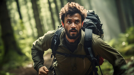 Fit man wearing a t-shirt and a backpack, running through the green forest hiking trails in nature. Trekking lifestyle, woods adventure, survival expedition in the wilderness