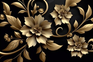 Black and Golden Luxury Elegant Seamless Pattern Exotic Oriental Floral with Flowers and Leaves in 3D Design Illustration Background, Generative AI