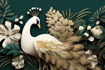 white, dark green and golden tropical palm leaf branches and flowers with feathers peacock bird illustration, Generative AI