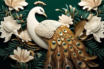 white, dark green and golden tropical palm leaf branches and flowers with feathers peacock bird illustration, Generative AI