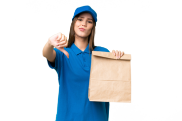 Young beautiful caucasian woman taking a bag of takeaway food over isolated background showing thumb down with negative expression