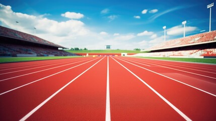 Athlete track or running track in stadium with blue sky and white cloud in a daylight.