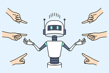 People blame robot for unemployment and point fingers at cyborg due to development artificial intelligence. Unfortunate robot is being bullied of because envy high productivity modern ai technologies