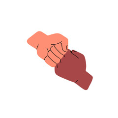 Bros touch by fists. Two friends bump by closed hands. Greeting, hello gesture in brotherhood, friendship. Respect symbol, trust, support icon. Flat isolated vector illustration on white background