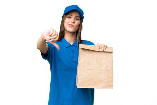 Young beautiful caucasian woman taking a bag of takeaway food over isolated background showing thumb down with negative expression