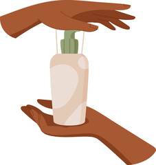 Hand holds natural antiaging cosmetic product tube, organic cleansing hair care shampoo pack, colorful eco hygiene lotion jar, cartoon minimal skincare cream bottle, vector illustration.