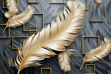 custom 3d wallpaper with golden square and feather leaf. Generative AI