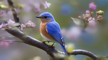 Male Eastern Bluebird (Sialia sialis) on a branch with flowers