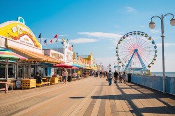 Seaside boardwalk with ice cream shops, roller coasters, and beachgoers, Generative AI