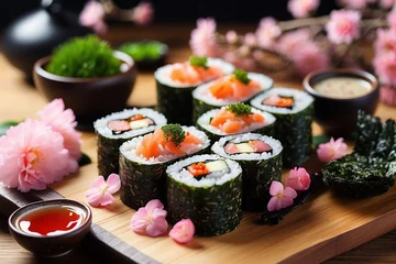 Keuken spatwand met foto Salmon sushi rolls © mizina