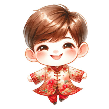 Watercolor Chinese Boy Wear Red Changshan Suits For Lunar New Year