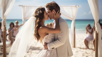 Bride and groom kissing on the wedding ceremony on sand beach near decorated wedding arch. Tropical summer wedding - obrazy, fototapety, plakaty