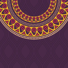 Invitation graphic card with color mandala, round ornament. Purple, yellow, pink colors. For covers, flyers, poster, banners. Arabic, indian, turkish, ottoman motifs. Color vector illustration.