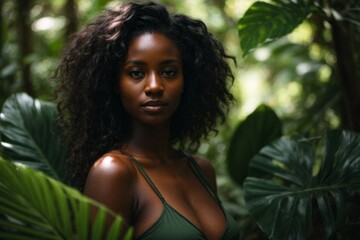 A beautiful African American woman looks at the camera on a green background of large leaves in the forest, paths, jungle. Spa, natural beauty, copy space nature background.