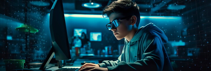 young coder from the new generation confidently working on a computer, emphasizing their digital skills . Generative AI - obrazy, fototapety, plakaty