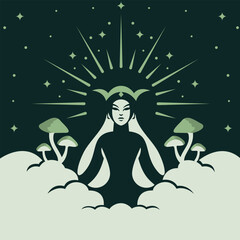 Vector illustration of a girl in the sky with mushrooms. Cartoon style.