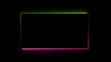Glowing neon light rectangle border frame on black background 