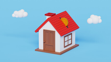 Fototapeta na wymiar Saving income for future housing. Real estate income. Property investment and house mortgage. Rental income. 3D house like piggy bank with golden coin. 3d illustration