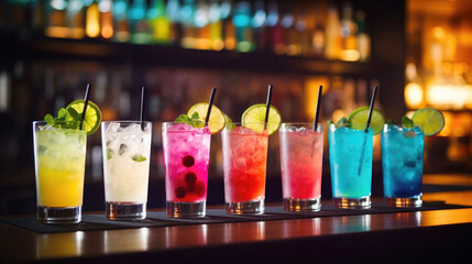 Variety of cocktails into glass set on the bar counter, line of different colored  cocktails