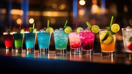 Variety of cocktails into glass set on the bar counter, line of different colored  cocktails