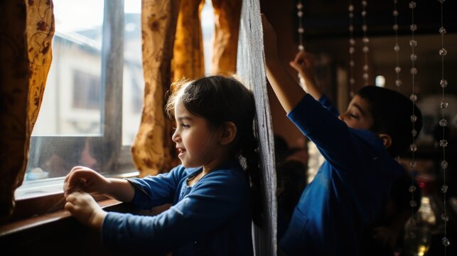 Children joyfully participating in the Passover tradition of searching for the Afikoman, with a living room playfully decorated with symbols of the holiday.