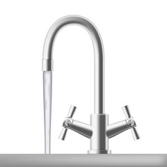 Chrome Steel Kitchen Faucet With Water On White