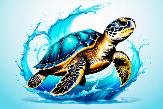 Colorful watercolor. Сute swimming marine turtle in colors fantasy swirls splash.