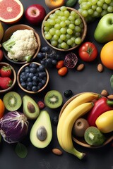 vegetables and fruits on dark background ,top view with copy space