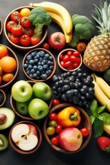 vegetables and fruits on dark background ,top view with copy space
