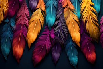 colorful feathers leave on the living wall 3d abstraction wallpaper. Abstract seamless pattern peacock feathers background. Multicolor feather above on hanging wall, Generative AI - obrazy, fototapety, plakaty