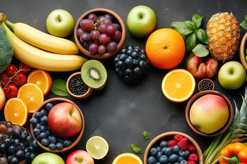 fruits on dark background ,top view with copy space