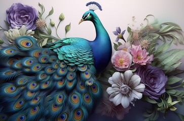 Elegant leather base peacock with feathers and flowers high quality illustration background, Generative AI