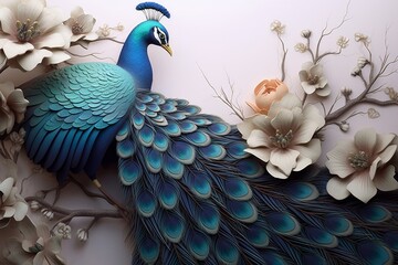 Elegant leather base peacock with feathers and flowers high quality illustration background, Generative AI