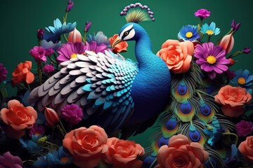 3d illustration of peacock and flower vase background. Exotic oriental pattern with colorful peacocks and flowers in bright colors, Generative AI