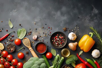vegetables and spices on dark background ,top view with copy space