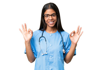 Young African american nurse woman over isolated background showing an ok sign with fingers