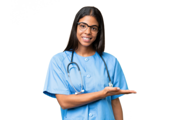 Young African american nurse woman over isolated background presenting an idea while looking smiling towards