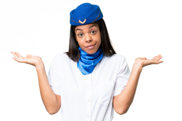 Airplane stewardess African american woman over isolated background having doubts while raising hands