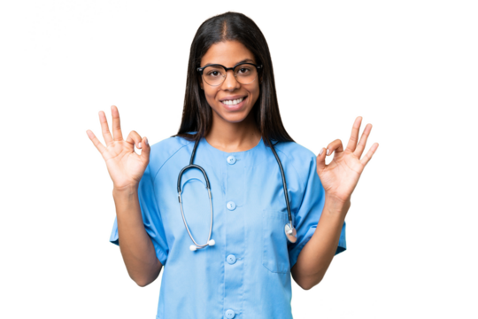 Young African american nurse woman over isolated background showing an ok sign with fingers